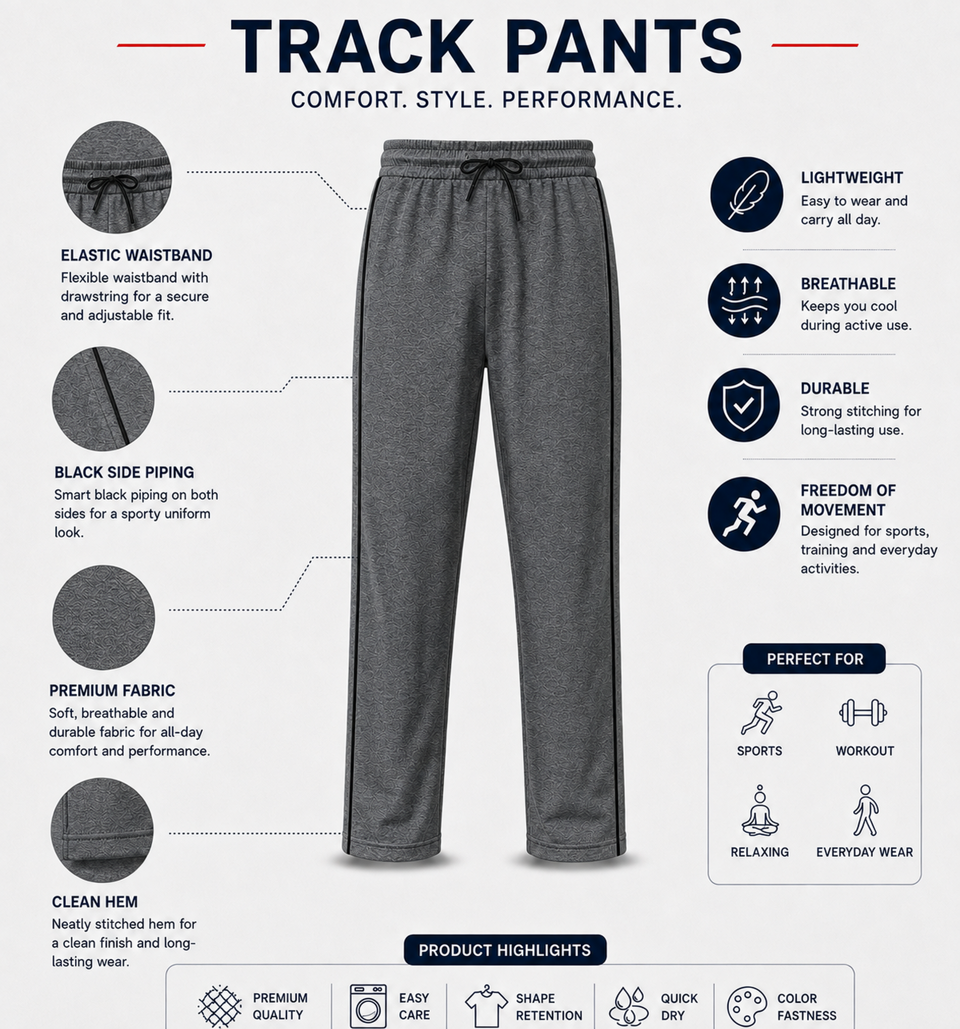 Dark Grey Melange Uniform Track Pants with Black Piping