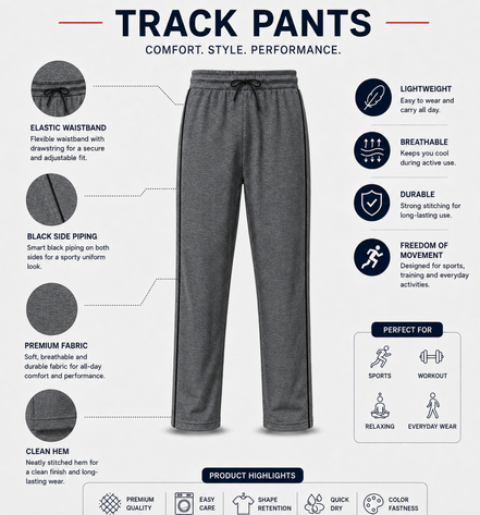 Dark Grey Melange Uniform Track Pants with Black Piping