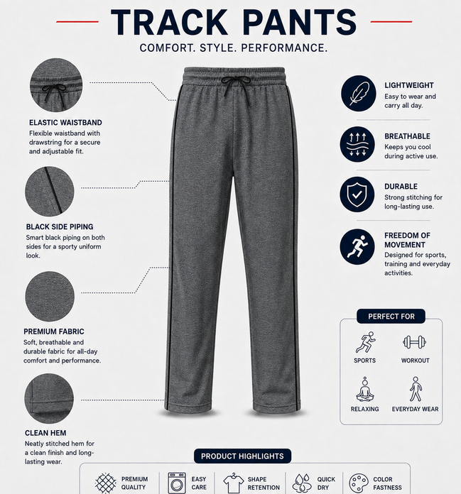 Dark Grey Melange Uniform Track Pants with Black Piping