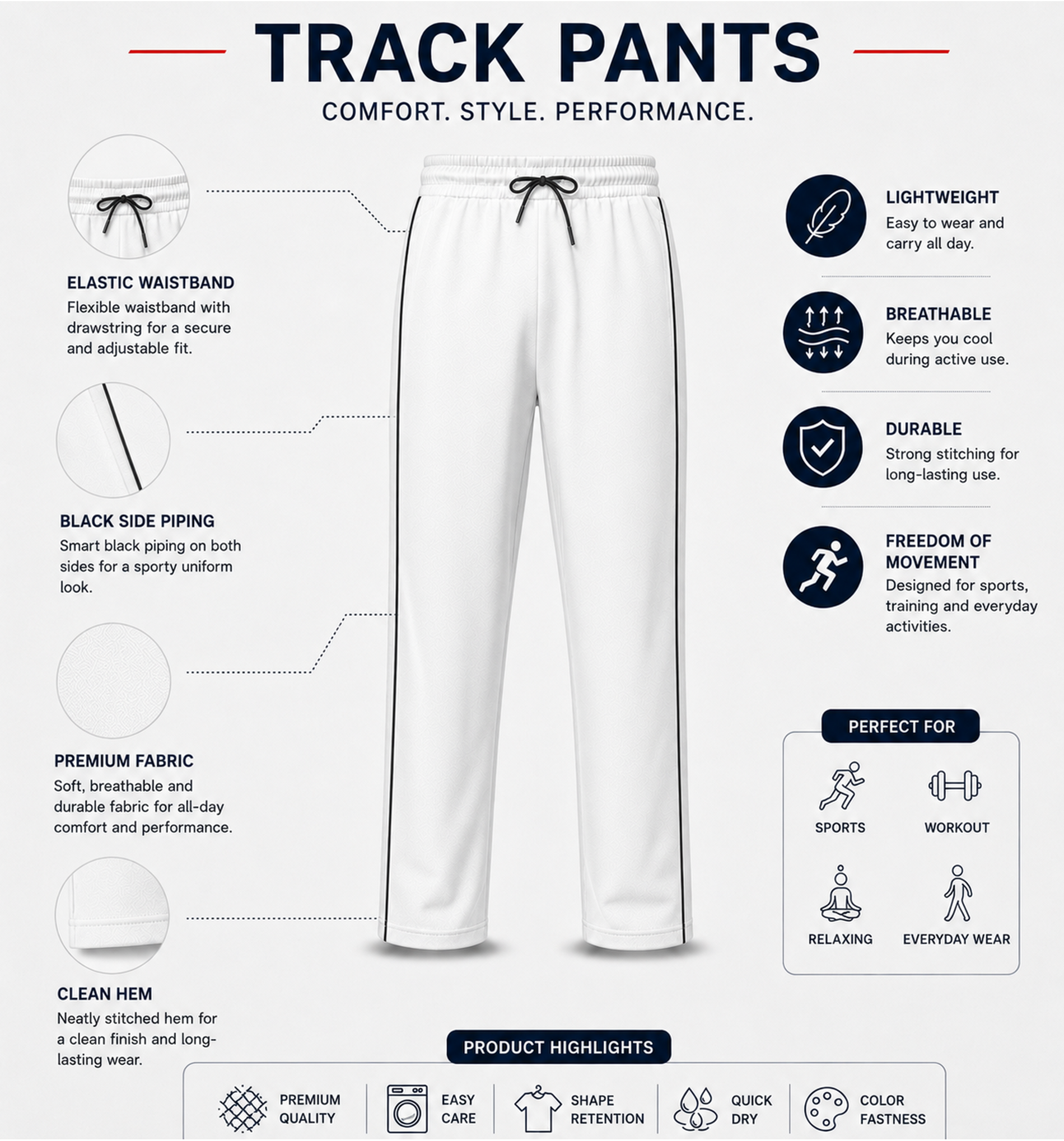 White Uniform Track Pants with Black Side Piping