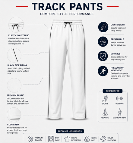 White Uniform Track Pants with Black Side Piping