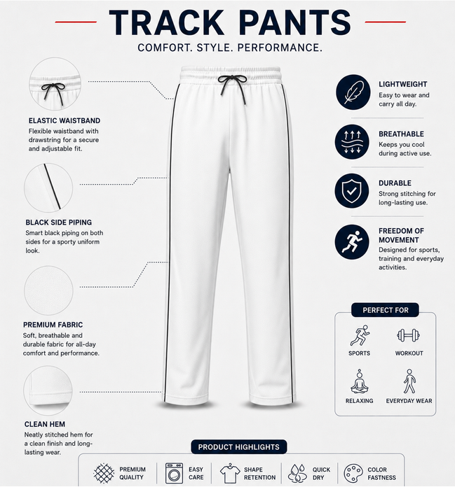 White Uniform Track Pants with Black Side Piping