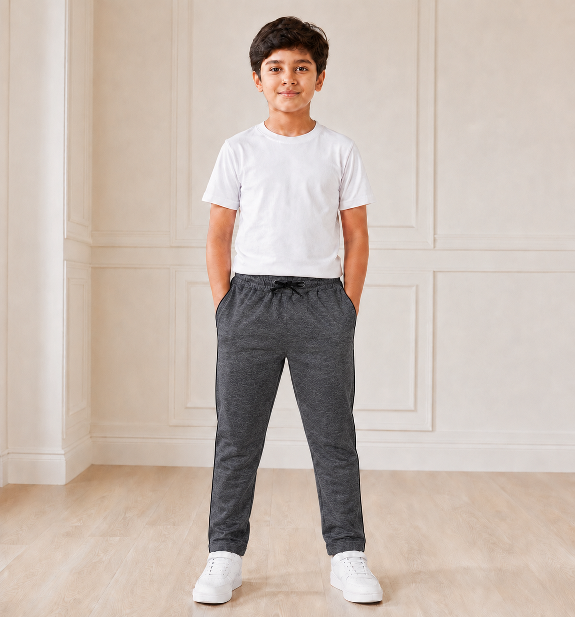 Dark Grey Melange Uniform Track Pants with Black Piping