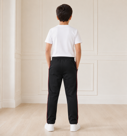 Boys’ Black Fashion Track Pants with Red Piping
