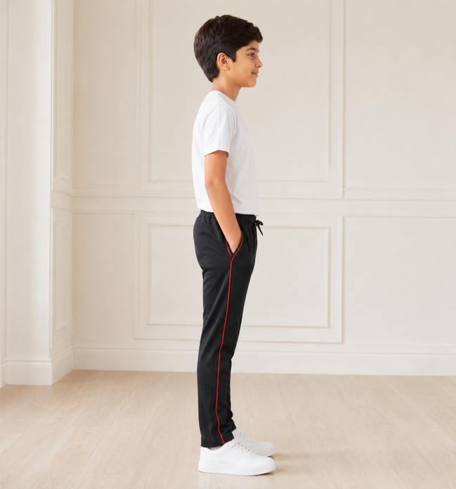 Boys’ Black Fashion Track Pants with Red Piping