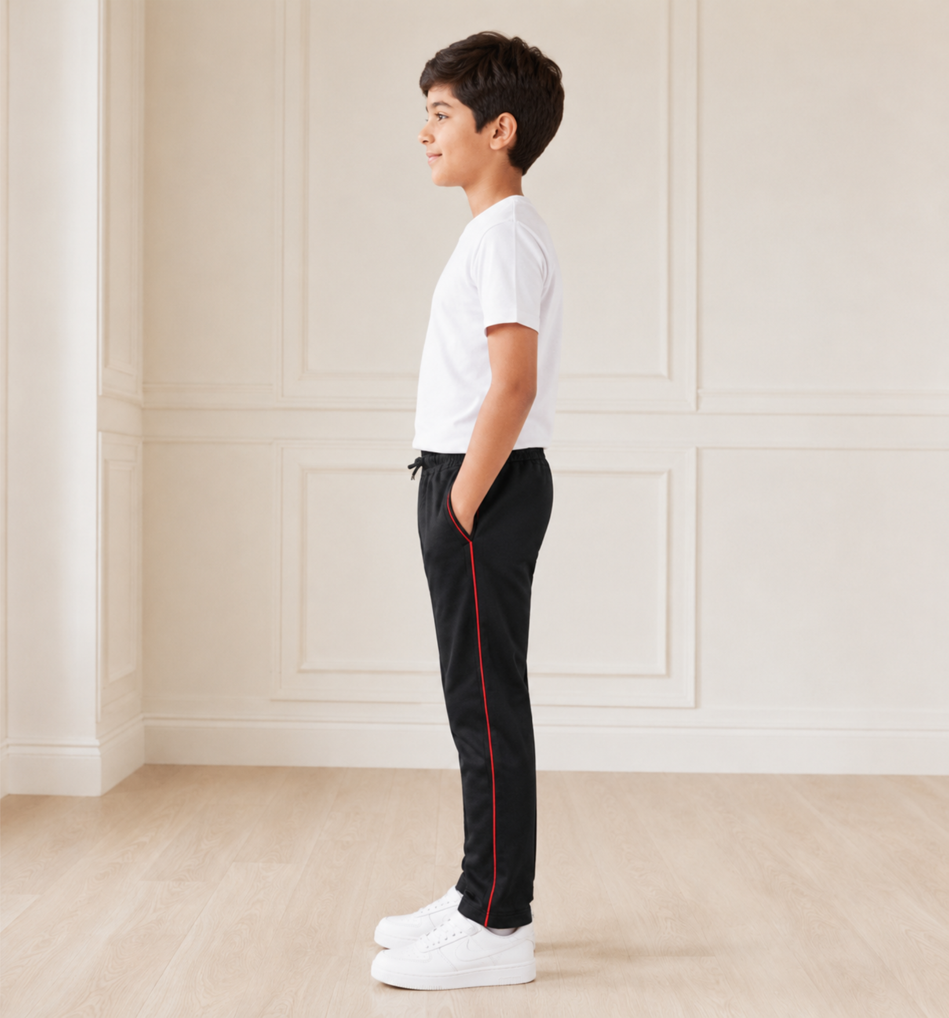 Boys’ Black Fashion Track Pants with Red Piping