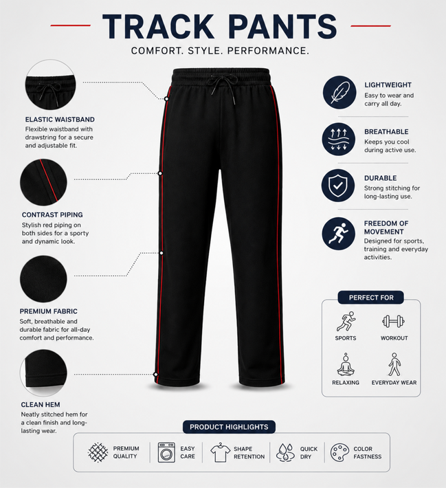Boys’ Black Fashion Track Pants with Red Piping