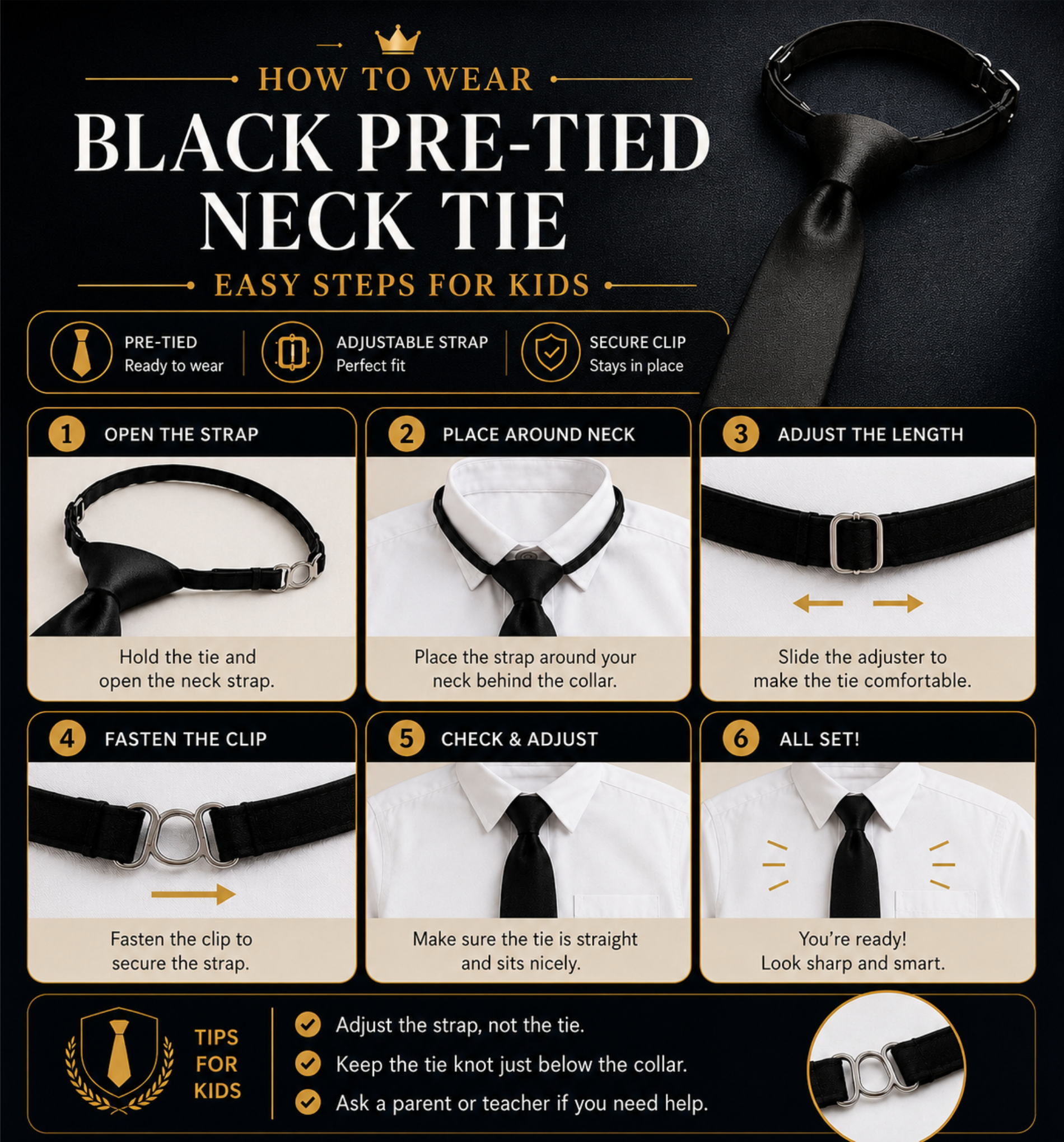 Black Pre-Tied School Uniform Tie