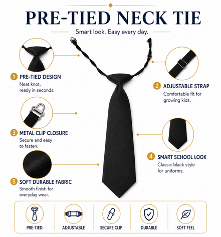 Black Pre-Tied School Uniform Tie