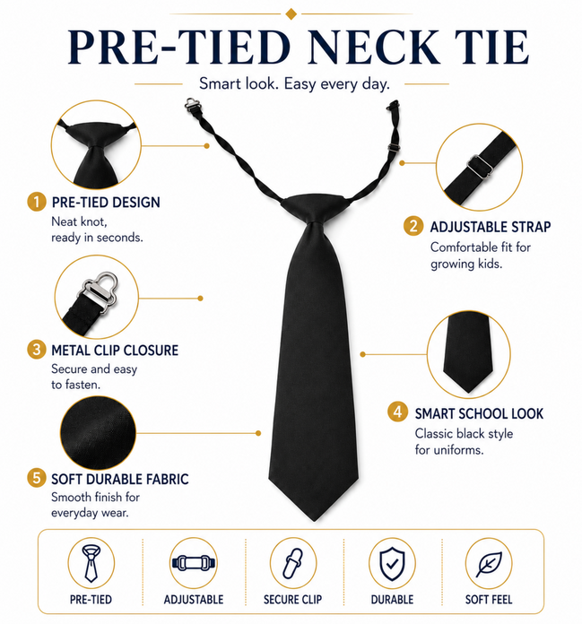 Black Pre-Tied School Uniform Tie