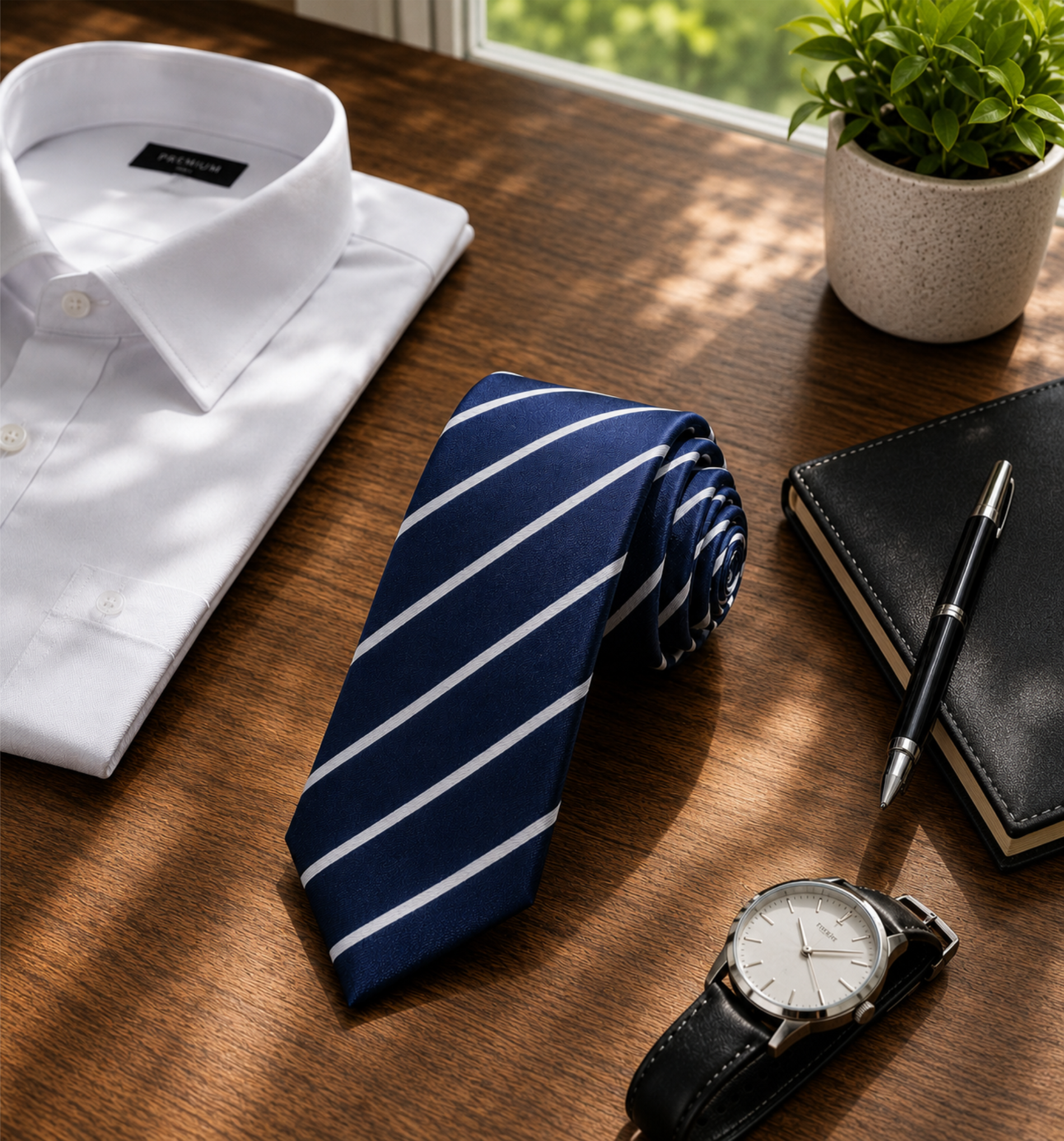 Navy Blue School Tie with White Stripes
