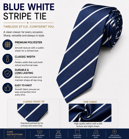 Navy Blue School Tie with White Stripes