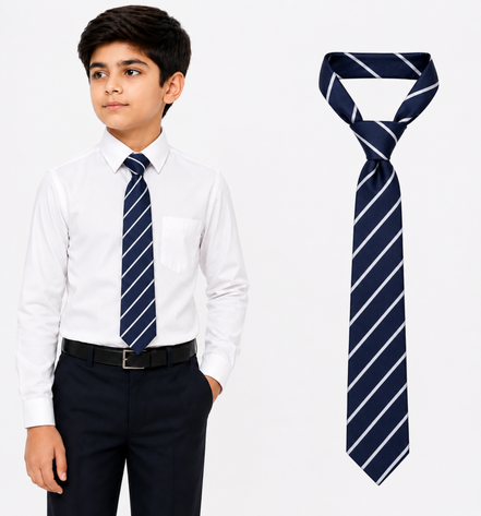 Navy Blue School Tie with White Stripes