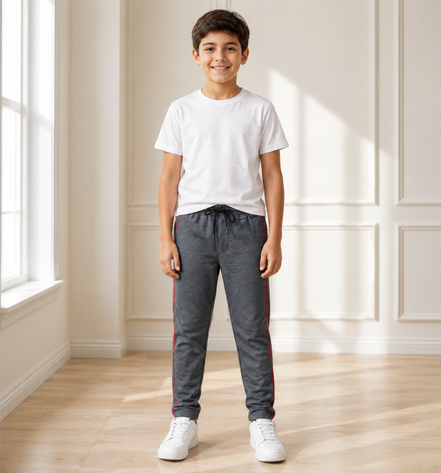 Boys’ Grey Fashion Track Pants with Red Piping