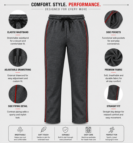 Boys’ Grey Fashion Track Pants with Red Piping