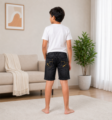 Boys’ Washed Black Knit Denim Shorts with Drawstring