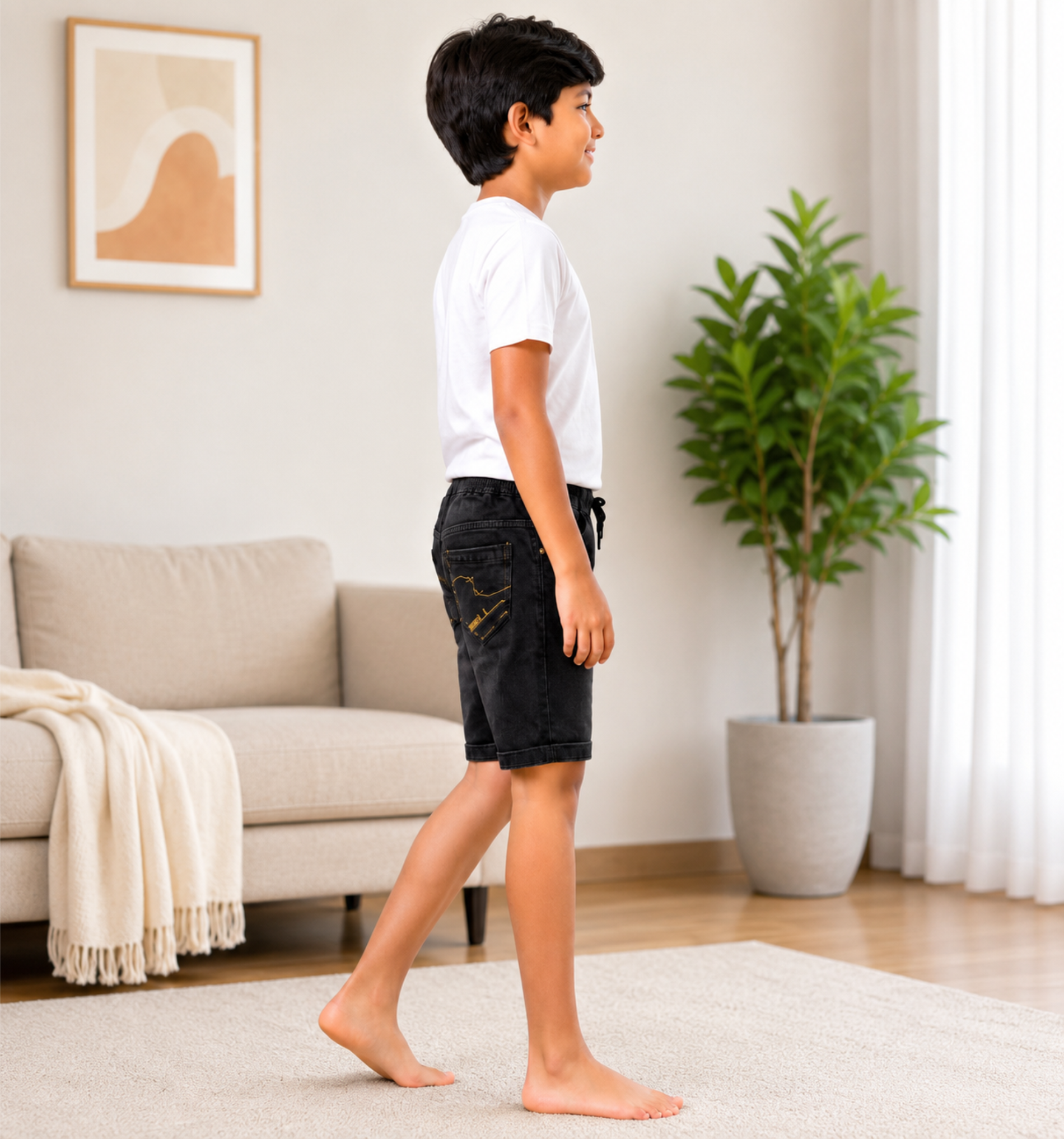 Boys’ Washed Black Knit Denim Shorts with Drawstring