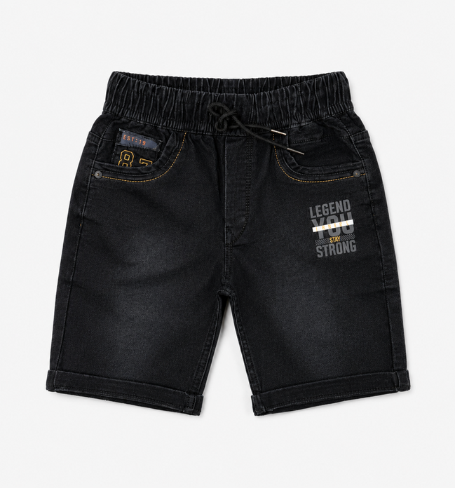 Boys’ Washed Black Knit Denim Shorts with Drawstring