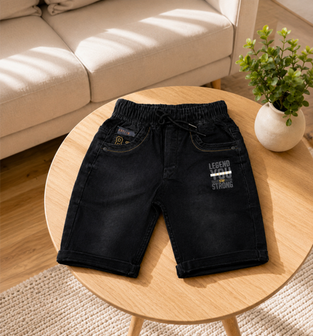 Boys’ Washed Black Knit Denim Shorts with Drawstring