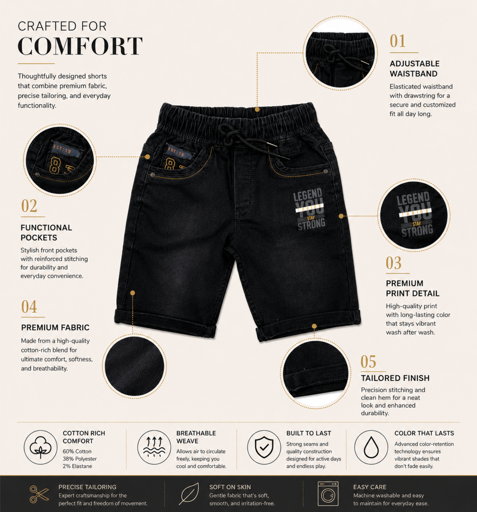 Boys’ Washed Black Knit Denim Shorts with Drawstring