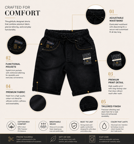 Boys’ Washed Black Knit Denim Shorts with Drawstring