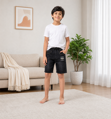 Boys’ Washed Black Knit Denim Shorts with Drawstring