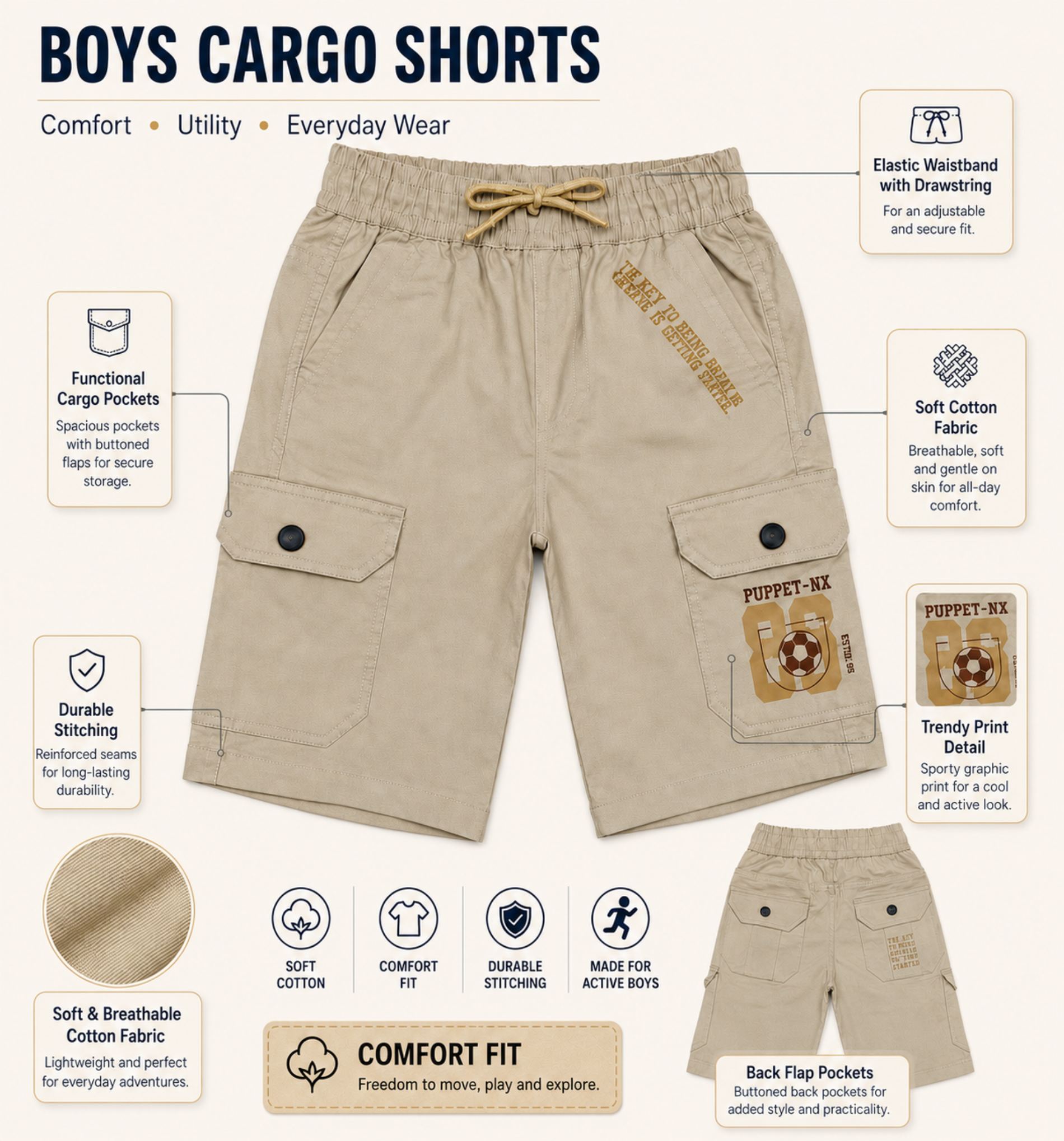 Boys’ Utility Cargo Bermuda Shorts with Drawstring