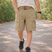 Boys’ Khaki Multi-Pocket Cargo Bermuda Shorts with Belt
