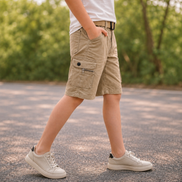 Boys’ Khaki Multi-Pocket Cargo Bermuda Shorts with Belt
