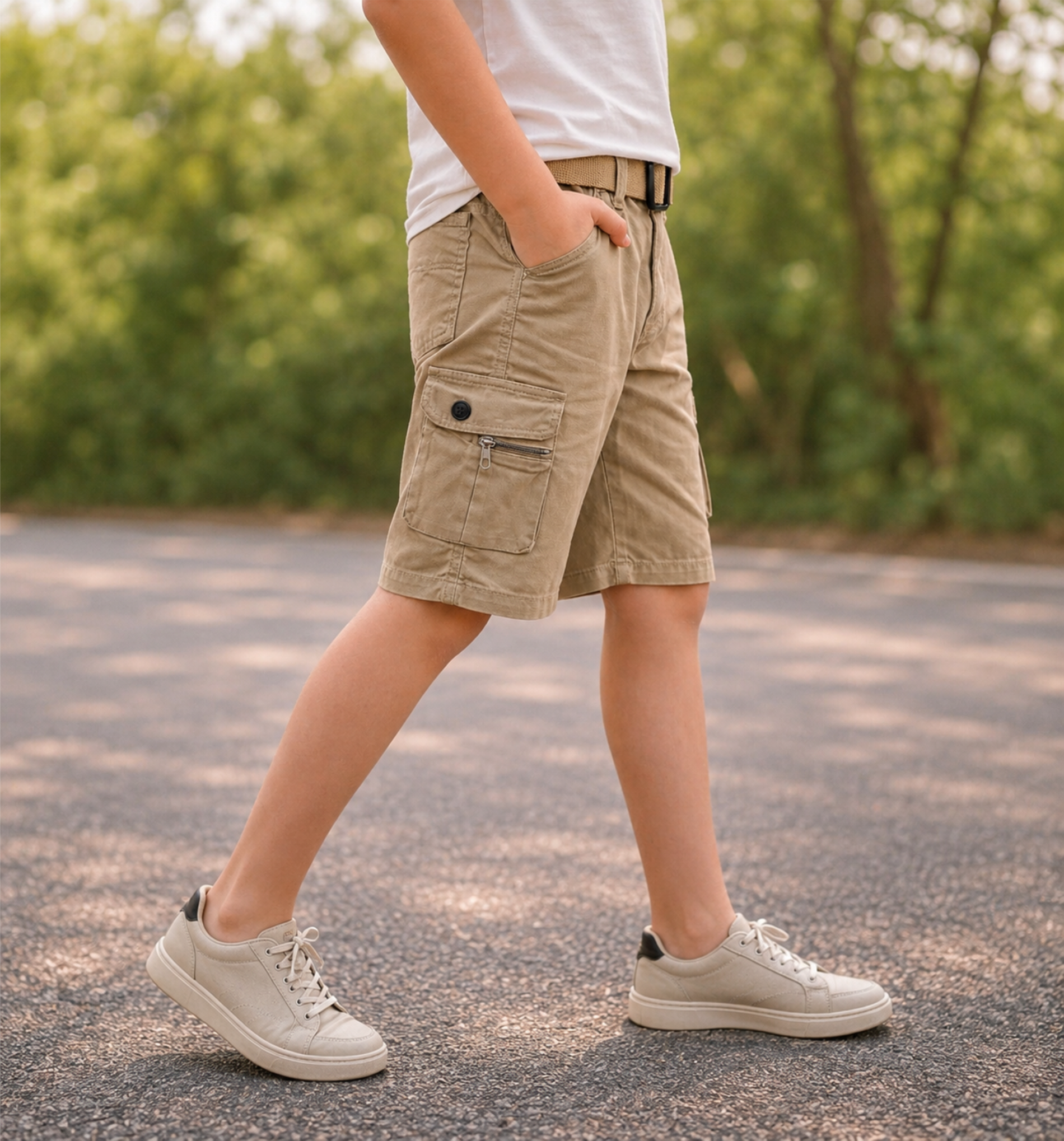 Boys’ Khaki Multi-Pocket Cargo Bermuda Shorts with Belt