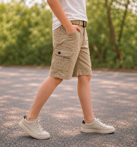 Boys’ Khaki Multi-Pocket Cargo Bermuda Shorts with Belt