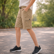 Boys’ Khaki Multi-Pocket Cargo Bermuda Shorts with Belt