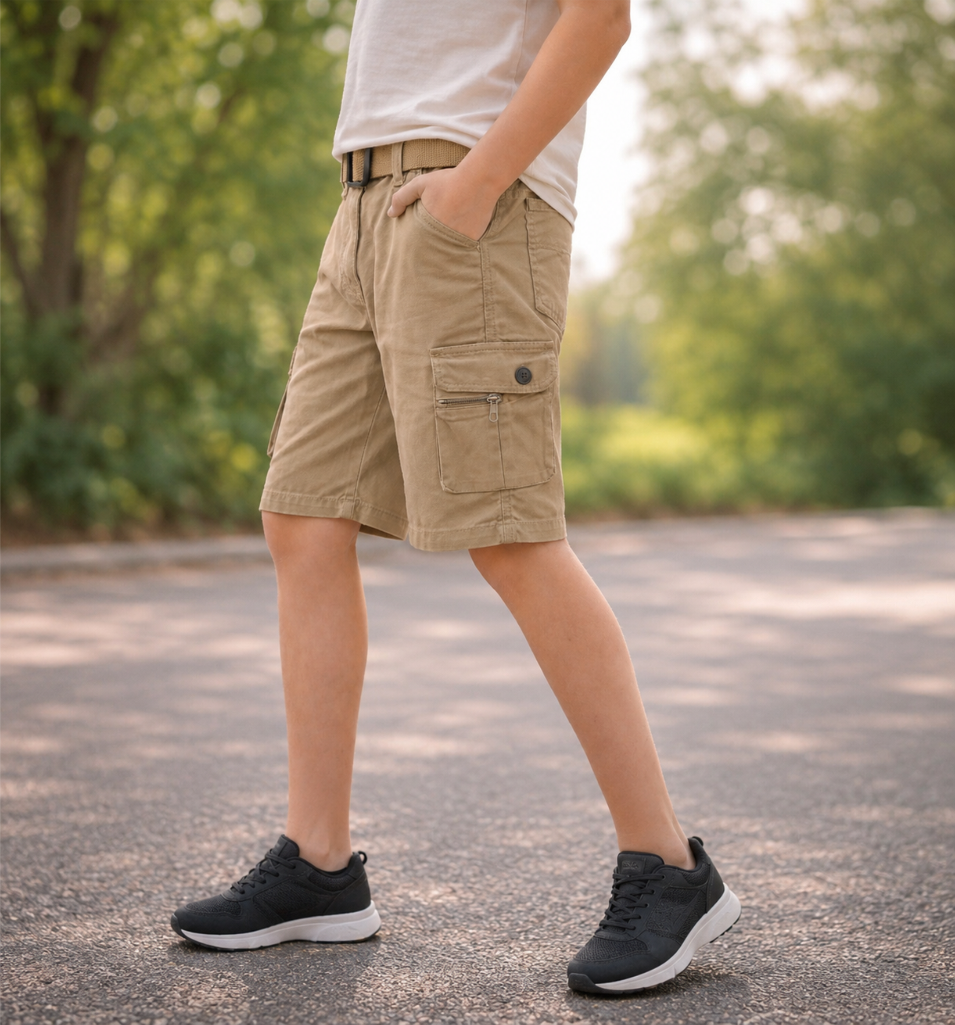 Boys’ Khaki Multi-Pocket Cargo Bermuda Shorts with Belt