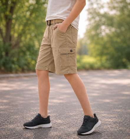Boys’ Khaki Multi-Pocket Cargo Bermuda Shorts with Belt