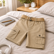 Boys’ Khaki Multi-Pocket Cargo Bermuda Shorts with Belt