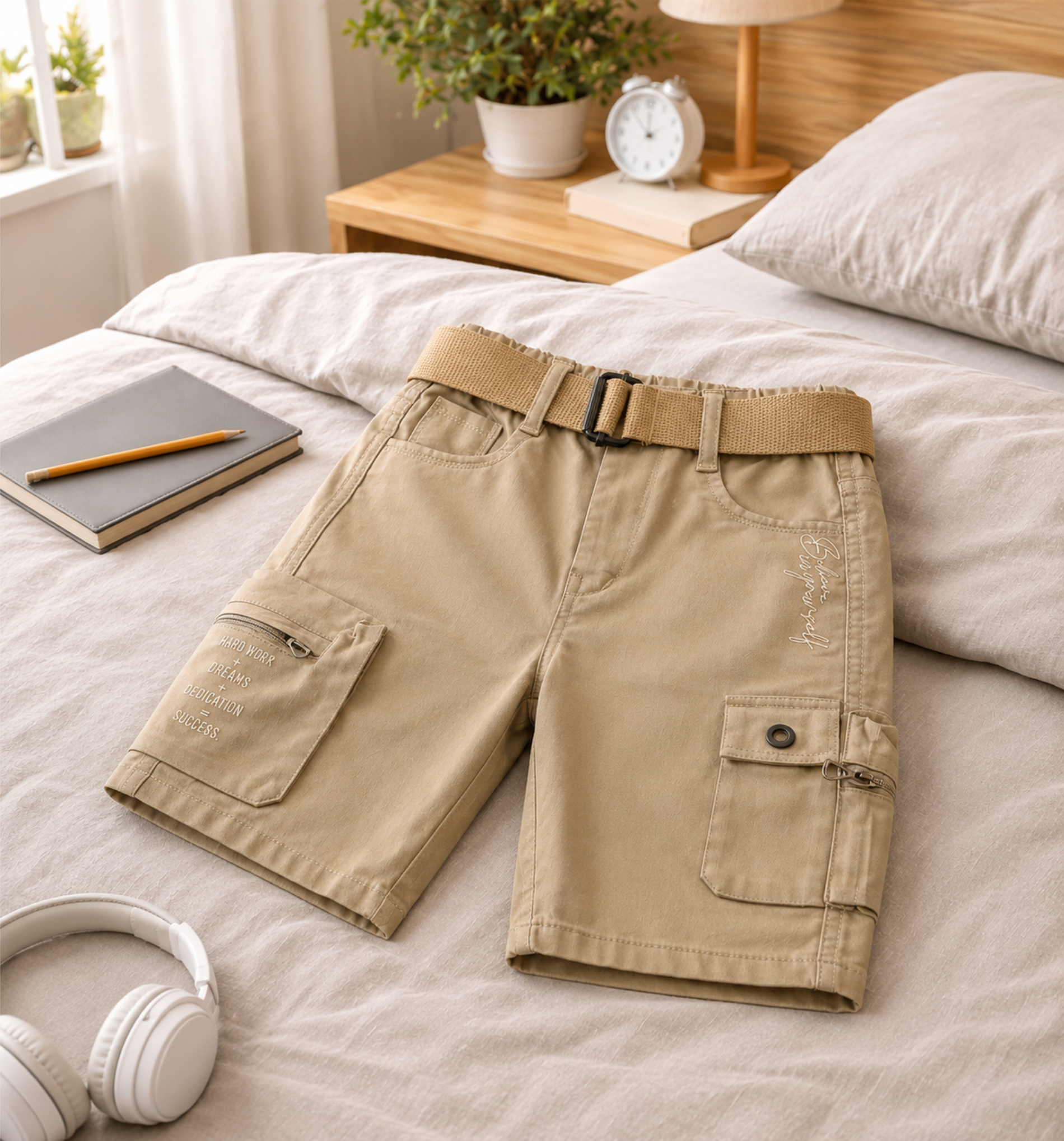 Boys’ Khaki Multi-Pocket Cargo Bermuda Shorts with Belt