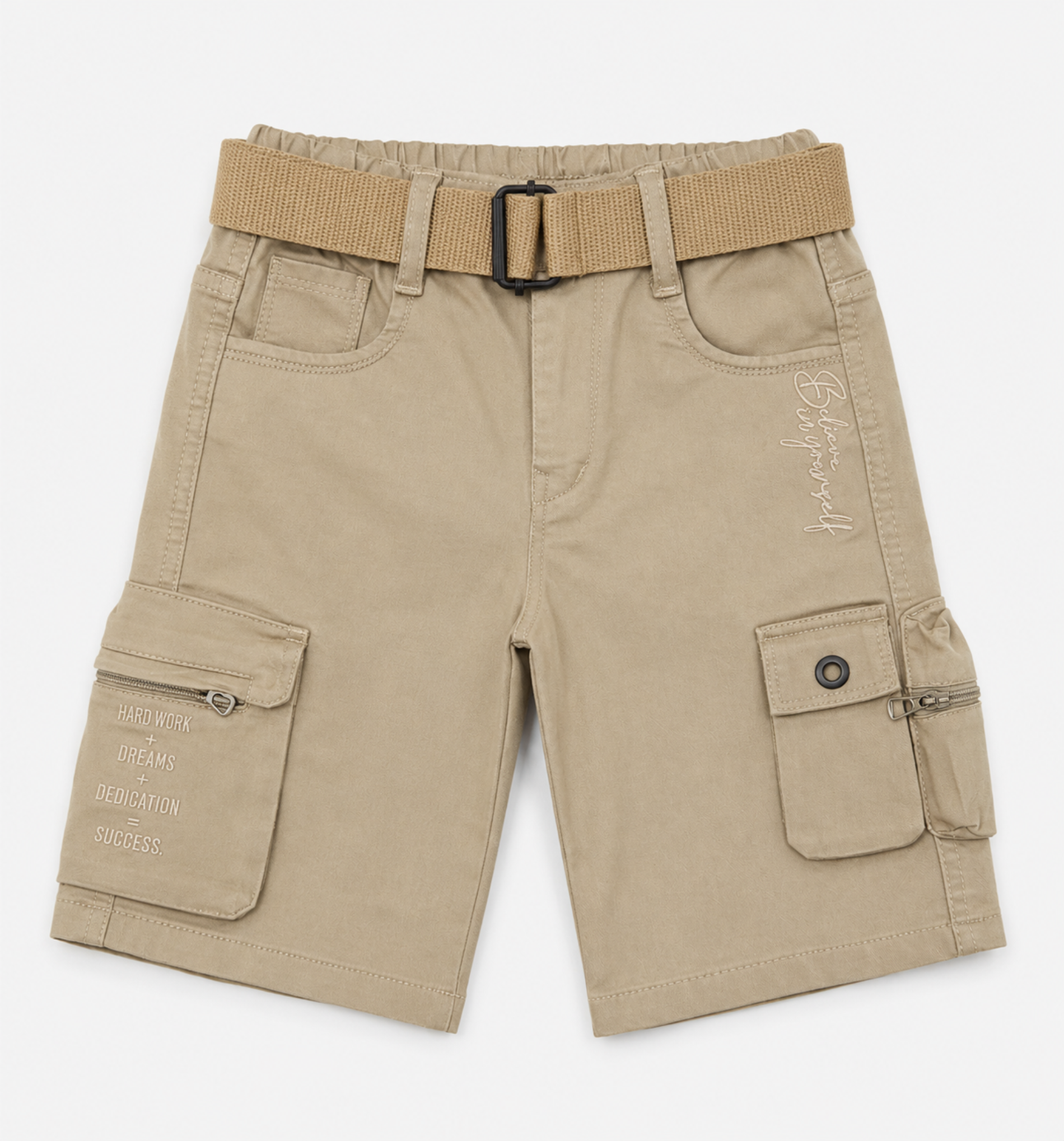 Boys’ Khaki Multi-Pocket Cargo Bermuda Shorts with Belt