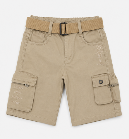 Boys’ Khaki Multi-Pocket Cargo Bermuda Shorts with Belt