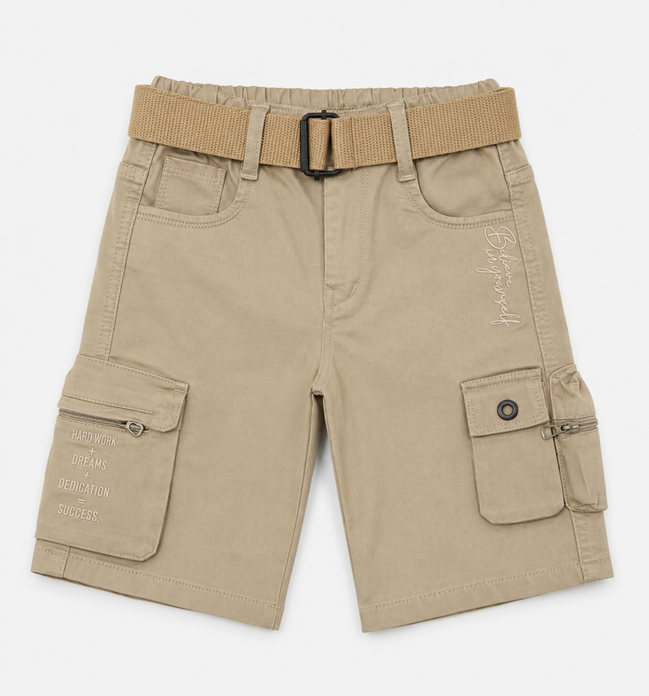 Boys’ Khaki Multi-Pocket Cargo Bermuda Shorts with Belt