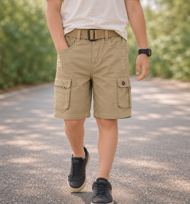 Boys’ Khaki Multi-Pocket Cargo Bermuda Shorts with Belt