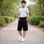 Boys’ Washed Black Graphic Denim Bermuda Shorts with Belt