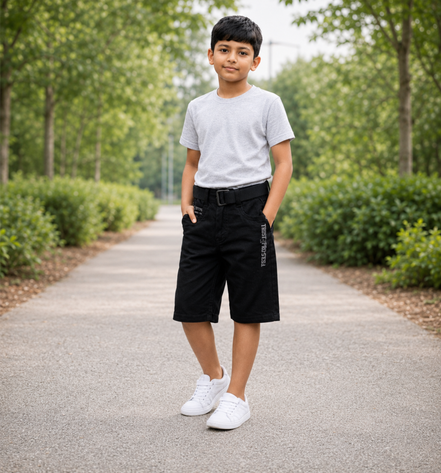 Boys’ Washed Black Graphic Denim Bermuda Shorts with Belt