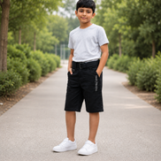 Boys’ Washed Black Graphic Denim Bermuda Shorts with Belt