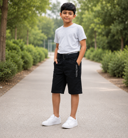 Boys’ Washed Black Graphic Denim Bermuda Shorts with Belt
