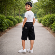 Boys’ Washed Black Graphic Denim Bermuda Shorts with Belt