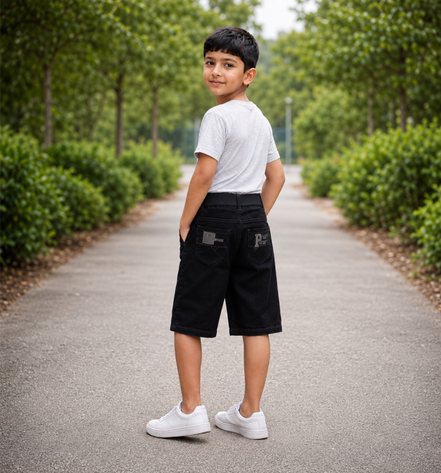 Boys’ Washed Black Graphic Denim Bermuda Shorts with Belt