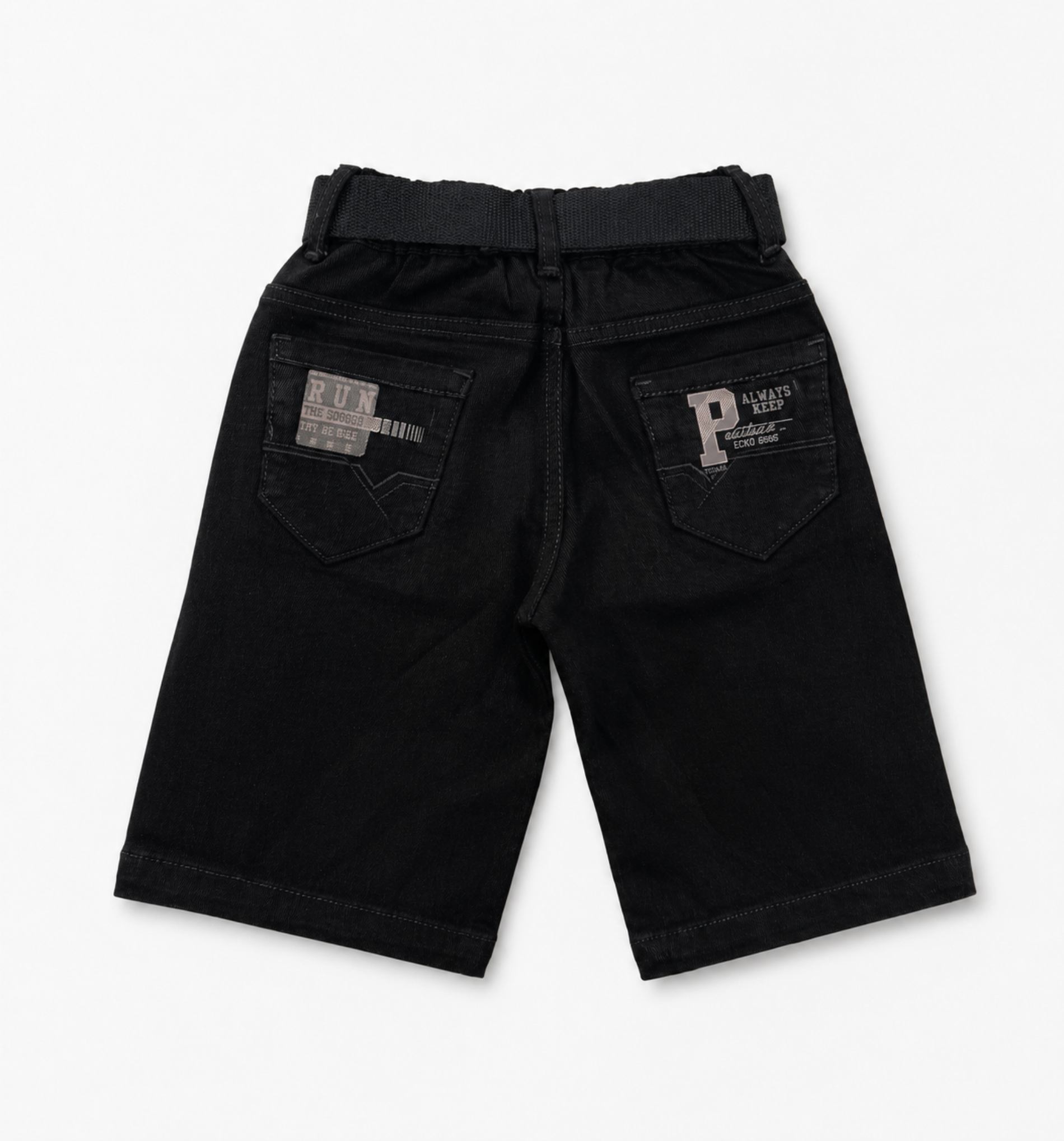 Boys’ Washed Black Graphic Denim Bermuda Shorts with Belt