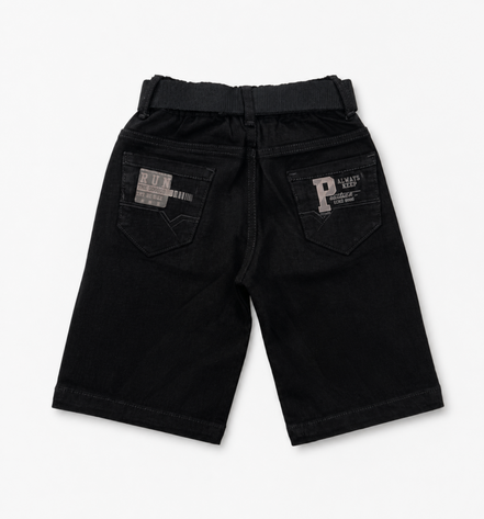 Boys’ Washed Black Graphic Denim Bermuda Shorts with Belt