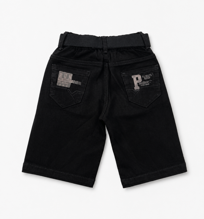 Boys’ Washed Black Graphic Denim Bermuda Shorts with Belt