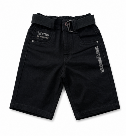 Boys’ Washed Black Graphic Denim Bermuda Shorts with Belt